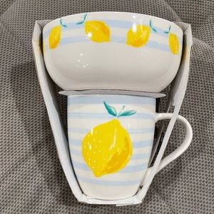 🆕 Eaton Fine Dining Mug & Bowl Set Yellow Lemons & Light Blue Stripes 🍋